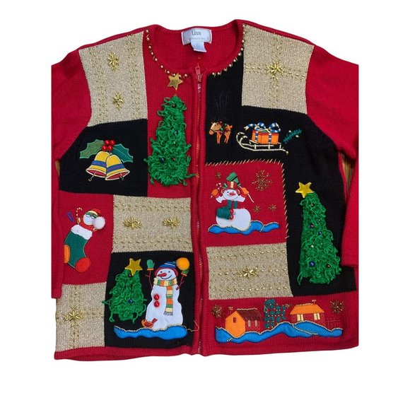Lisa international Sweaters - Ugly Christmas Holiday Party Sweater Color Block Snowman Trees Jingles Sz Medium